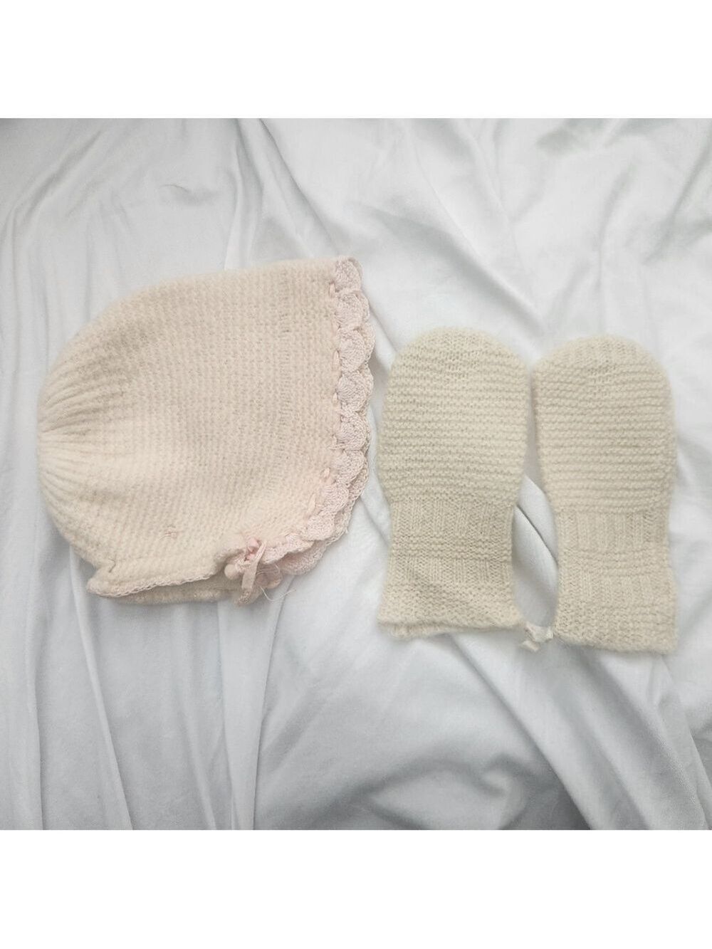 Vintage Hand- knit cream newborn  pair of mittens and a bonnet or hat